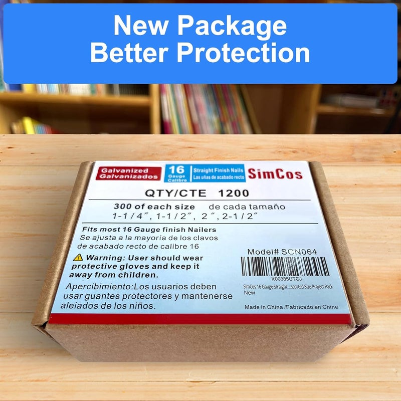 SimCos 16 Gauge Straight Finish Nails,1-1/4", 1-1/2", 2", 2-1/2", Assorted Size Project Pack for Pneumatic, Electric Finish Nailer or Nail Gun (Galvanized steel) - Image 3